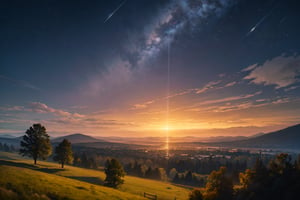 Dawn , intricate, technology suit, recognizing the land,  into the forest,only light of the stars, wonderful sky, view from the low, deep background, cinematic light. dynamic light.