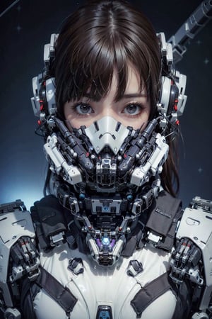 Galactic warrior, mecha suit, technological body, female body, mature woman body, human woman face. brown hair, purple eyes, flying in the space, using a mask.,techpunkmask,rfktr_technotrex