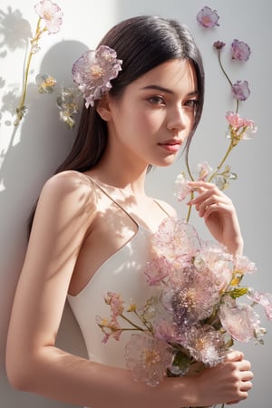 a side portrait of an attractive woman surrounded by flowers made of glass, wearing a elegnat dress made of transparent glass flowers, transparent flower, glass flower, filled with flowers, full of flowers, flower bed (close up shot 1:1) alluring pose, glass statue, attractive pose, epic pose, shot from below, perspective view, dynamic angle, dynamic pose, fashion editorial photography, master piece, hyper realistic, real skin, natural light, wall made of glass flowers, wall filled with flowers made of glass, dreamy, surreal, enchanting, back lit photography, dramatic lighting, high contrast, studio photography, portrait photography