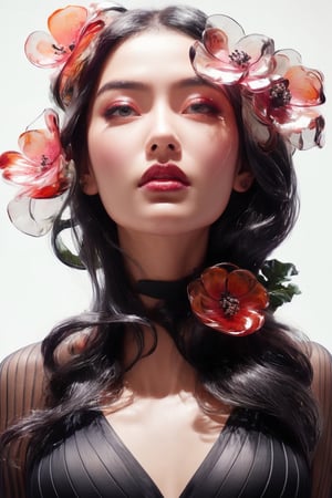 a close up of a side profile photograpy of an attractive korean beautiful model, wearing a head ornament like a mask ornated with flowers made of transparent glass, covering face, mouth cover made of transparent glass material, chic photography, dark studio, artistic model pose, magical, epic pose, large flower, size contrast, transparent flower, glass flower, (close up shot 1:1) lights shine on the face, dramatic shadows, epic shadows, cinematic lighting, dark photography, alluring pose, glass statue, attractive pose, view from below, looking upward, shot from below, perspective view, dynamic perspective, dynamic angle, dynamic pose, fashion editorial photography, master piece, hyper realistic, real skin, natural light, dreamy, surreal, enchanting, back lit photography, dramatic lighting, high contrast, studio photography, portrait photography, hourglass bodyshape, perky breast, sensual, large flowers, gigantic flowers, large petals, exotic flowers, monumental scale, museum quality, large glass statue, enormous glass flower