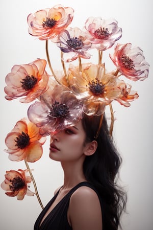 a close up of a side profile photograpy of an attractive korean beautiful model, wearing a head ornament like a mask ornated with flowers made of transparent glass, covering face, mouth cover made of transparent glass material, chic photography, dark studio, artistic model pose, magical, epic pose, large flower, size contrast, transparent flower, glass flower, (close up shot 1:1) lights shine on the face, dramatic shadows, epic shadows, cinematic lighting, dark photography, alluring pose, glass statue, attractive pose, view from below, looking upward, shot from below, perspective view, dynamic perspective, dynamic angle, dynamic pose, fashion editorial photography, master piece, hyper realistic, real skin, natural light, dreamy, surreal, enchanting, back lit photography, dramatic lighting, high contrast, studio photography, portrait photography, hourglass bodyshape, perky breast, sensual, large flowers, gigantic flowers, large petals, exotic flowers, monumental scale, museum quality, large glass statue, enormous glass flower