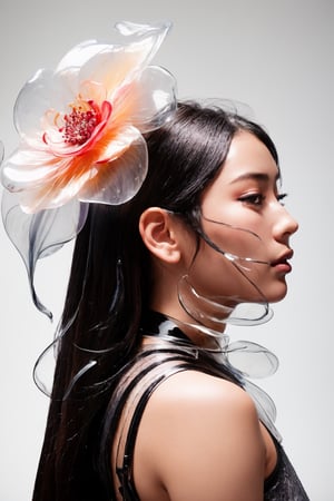 a close up of a side profile photograpy of an attractive korean beautiful model, wearing a head ornament like a mask ornated with flowers made of transparent glass, covering face, mouth cover made of transparent glass material, chic photography, dark studio, artistic model pose, magical, epic pose, large flower, size contrast, transparent flower, glass flower, (close up shot 1:1) lights shine on the face, dramatic shadows, epic shadows, cinematic lighting, dark photography, alluring pose, glass statue, attractive pose, view from below, looking upward, shot from below, perspective view, dynamic perspective, dynamic angle, dynamic pose, fashion editorial photography, master piece, hyper realistic, real skin, natural light, dreamy, surreal, enchanting, back lit photography, dramatic lighting, high contrast, studio photography, portrait photography, hourglass bodyshape, perky breast, sensual, large flowers, gigantic flowers, large petals, exotic flowers, monumental scale, museum quality, large glass statue, enormous glass flower