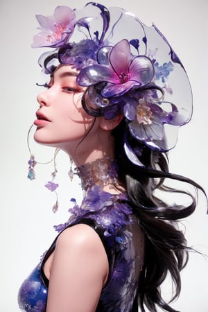 a close up side profile of an attractive korean beautiful model, wearing a helmet ornated with flowers made of transparent glass, covering face, mouth cover made of tranparent glass flowers, gorgeous pulled up hair style, chic glamour photography, dark studio, artistic model pose, magical, epic pose, large flower, size contrast, transparent flower, glass flower, (close up shot 1:1) lights shine on the face, dramatic shadows, epic shadows, cinematic lighting, dark photography, alluring pose, glass statue, attractive pose, view from below, looking upward, shot from below, perspective view, dynamic perspective, dynamic angle, dynamic pose, fashion editorial photography, master piece, hyper realistic, real skin, natural light, dreamy, surreal, enchanting, back lit photography, dramatic lighting, high contrast, studio photography, portrait photography, hourglass bodyshape, perky breast, sensual, large flowers, gigantic flowers, large petals, exotic flowers, monumental scale, museum quality, large glass statue, enormous glass flower