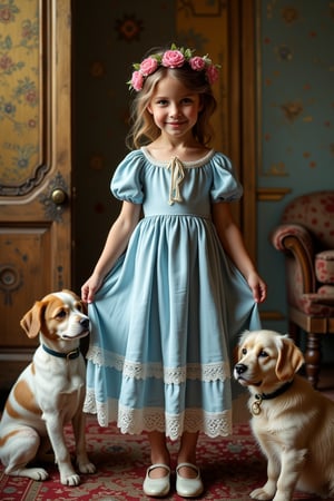 (((Iconic photography 18th-century age style but extremely beautiful)))
(((retro environment, melancholic tone, charming light, dramatic contrast between light and dark,dappled sunlight, elegant,the theme of hapiness,cinematic lighting, rich emotional)))
(((The image A little girl in a pastel blue dress adorned with a crown of pink flowers, stands gracefully in a cozy room surrounded by three dogs. She holds her dress in both hands revealing her white lace petticoats and smiles warmly as the dogs watch her attentively, the three dogs are of different breeds. The dress is of a light, shiny fabric with puffy lace sleeves, a round neck and a ribbon at the waist, white low-top shoes. The scene takes place in front of an ornate gold screen and the floor features a plush carpet and elegant surroundings, evoking a warm, vintage atmosphere. The lighting is soft, enhancing the delicate textures of the girl's dress and the dogs' fur. Victorian era 18th-century ---ar 5 --style raw --sref 3642091101 --sw 100 --stylize 1000,macro photography, Canon EOS R5, 100mm macro lens, ISO 100, f/8, natural lighting, shallow depth of field, extreme close-up, hyper-realistic textures, vibrant colors, soft shadows, detailed anatomy, intricate patterns, high contrast, 4k resolution)))
(((iconic black short hair bangs messy 18th-century age style)))
(((iconic little girl Lady Gorgeous and Voluptuous and yet so cute look but extremely beautiful)))
(((Chiaroscuro rainbow colors light background)))
(((masterpiece,minimalist,epic, hyperrealistic,photorealistic)))
(((style of Helen Allingham)))