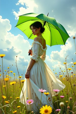 (((Iconic photography 18th-century age style but extremely beautiful)))
(((A photograph shows a woman standing in a meadow under a vibrant, swirling sky. She is holding a large, bright green umbrella, shielding herself from the sunlight, with rays of light filtering through the clouds. The woman is wearing a loose, elegant white dress with soft pastel hues, and her figure is turned slightly away from the viewer, adding a sense of movement. Yellow and pink wildflowers bloom in the tall, lush grass around her, and the entire scene is alive with a sense of spontaneous, joyful energy, captured in rich brushstrokes of the 18th-century Victorian era. Victorian era 18th-century ---ar 5 --style raw --sref 3642091101 --sw 100 --stylize 1000,macro photography, Canon EOS R5, 100mm macro lens, ISO 100, f/8, natural lighting, shallow depth of field, extreme close-up, hyper-realistic textures, vibrant colors, soft shadows, detailed anatomy, intricate patterns, high contrast, 4k resolution)))
(((iconic black short hair 18th-century age style)))
(((iconic Woman Lady Gorgeous and Voluptuous and yet so cute look but extremely beautiful)))
(((Chiaroscuro natural hot light colors background)))
(((masterpiece,minimalist,epic, hyperrealistic,photorealistic)))
(((style of Helen Allingham)))