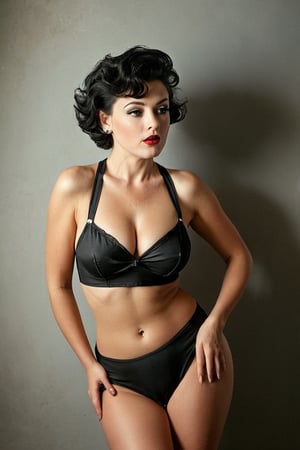 (((iconic 1950s age style but extremely beautiful)))
(((Black short messy hair)))
(((Sport clothing cotton fabric vintage 1950s age style)))
(((sensual and flirtatious pose with sexy look, mouth closed,pin-up pose)))
(((Gorgeous and Voluptuous and chubby yet so cool)))
(((indirect abroad lights blurred shadows on the face and body)))
(((view angle,closse-up zoom)))
(((Chiaroscuro vivid colors background)))
(((masterpiece,best quality,
hyperrealistic, photorealistic)))
(((By Annie Leibovitz style,by Diane Arbus style)))