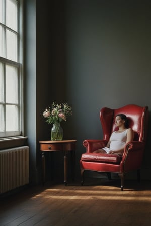 (((iconic beautiful girl red glamorous fashion, darkness but extremely beautiful)))
(((light wooden floor, simple room with antique red leather armchair, mirror, nightstand, plants, vases with flowers and soft light through the window))) 
(((Monochrome light solid colors))) (((Chiaroscuro darkness colors background))) 
(((Black messy short hair)))
(((Beautiful Gorgeous and Voluptuous and sexy yet so cool)))
(((indirect lights blurred shadows)))
(((female action poses)))
(((Film_Grain,masterpiece,best quality,Movie Aesthetic,
hyperrealistic, photorealistic)))
(((By Rembrandt style,Photo by Annie Leibovitz style)))