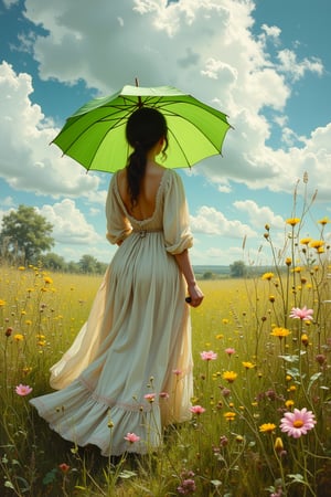 (((Iconic photography 18th-century age style but extremely beautiful)))
(((A photograph 3/4 shows a woman standing in a meadow under a vibrant, swirling sky. She is holding a large, bright green umbrella, shielding herself from the sunlight, with rays of light filtering through the clouds. The woman is wearing a loose, elegant white dress with soft pastel hues, and her figure is turned slightly away from the viewer, adding a sense of movement. Yellow and pink wildflowers bloom in the tall, lush grass around her, and the entire scene is alive with a sense of spontaneous, joyful energy, captured in rich brushstrokes of the 18th-century Victorian era. Victorian era 18th-century ---ar 5 --style raw --sref 3642091101 --sw 100 --stylize 1000,macro photography, Canon EOS R5, 100mm macro lens, ISO 100, f/8, natural lighting, shallow depth of field, extreme close-up, hyper-realistic textures, vibrant colors, soft shadows, detailed anatomy, intricate patterns, high contrast, 4k resolution)))
(((iconic black short hair 18th-century age style)))
(((iconic Woman Lady Gorgeous and Voluptuous and yet so cute look but extremely beautiful)))
(((Chiaroscuro natural hot light colors background)))
(((masterpiece,minimalist,epic, hyperrealistic,photorealistic)))
(((style of Helen Allingham)))