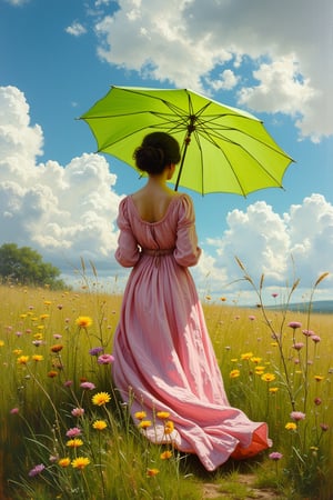 (((Iconic photography 18th-century age style but extremely beautiful)))
(((A photograph 3/4 shows a woman standing in a meadow under a vibrant, swirling sky. She is holding a large, bright green umbrella, shielding herself from the sunlight, with rays of light filtering through the clouds. The woman is wearing a loose, elegant pink dress with soft pastel hues, and her figure is turned slightly away from the viewer, adding a sense of movement. Yellow and pink wildflowers bloom in the tall, lush grass around her, and the entire scene is alive with a sense of spontaneous, joyful energy, captured in rich brushstrokes of the 18th-century Victorian era. Victorian era 18th-century ---ar 5 --style raw --sref 3642091101 --sw 100 --stylize 1000,macro photography, Canon EOS R5, 100mm macro lens, ISO 100, f/8, natural lighting, shallow depth of field, extreme close-up, hyper-realistic textures, vibrant colors, soft shadows, detailed anatomy, intricate patterns, high contrast, 4k resolution)))
(((iconic black short hair 18th-century age style)))
(((iconic Woman Lady Gorgeous and Voluptuous and yet so cute look but extremely beautiful)))
(((Chiaroscuro natural Cloudy light colors background)))
(((masterpiece,minimalist,epic, hyperrealistic,photorealistic)))
(((style of Helen Allingham)))