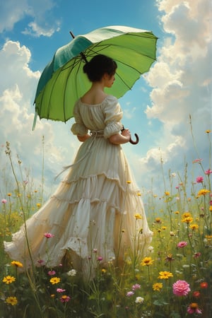 (((Iconic photography 18th-century age style but extremely beautiful)))
(((A photograph 3/4 shows a woman standing in a meadow under a vibrant, swirling sky. She is holding a large, bright green umbrella, shielding herself from the sunlight, with rays of light filtering through the clouds. The woman is wearing a loose, elegant white dress with soft pastel hues, and her figure is turned slightly away from the viewer, adding a sense of movement. Yellow and pink wildflowers bloom in the tall, lush grass around her, and the entire scene is alive with a sense of spontaneous, joyful energy, captured in rich brushstrokes of the 18th-century Victorian era. Victorian era 18th-century ---ar 5 --style raw --sref 3642091101 --sw 100 --stylize 1000,macro photography, Canon EOS R5, 100mm macro lens, ISO 100, f/8, natural lighting, shallow depth of field, extreme close-up, hyper-realistic textures, vibrant colors, soft shadows, detailed anatomy, intricate patterns, high contrast, 4k resolution)))
(((iconic black short hair 18th-century age style)))
(((iconic Woman Lady Gorgeous and Voluptuous and yet so cute look but extremely beautiful)))
(((Chiaroscuro natural hot light colors background)))
(((masterpiece,minimalist,epic, hyperrealistic,photorealistic)))
(((style of Helen Allingham)))