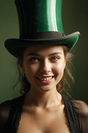 (((iconic lady with green The top hat but extremely beautiful)))
(((Gorgeous and Voluptuous and yet so cool)))
(((evil smile showing teeth and very penetrating eyes)))
(((indirect abroad lights blurred shadows on the face and body)))
(((Chiaroscuro light Prism colors background)))
(((masterpiece,best quality,
hyperrealistic, photorealistic)))
(((By caravaggio style,by Annie Leibovitz style)))