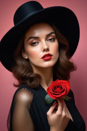 (((iconic lady with Rose The high Hat but extremely beautiful)))
(((Gorgeous and Voluptuous and yet so cool)))
(((indirect abroad lights blurred shadows on the face and body)))
(((Chiaroscuro simple Prism Cube colors background)))
(((masterpiece,best quality,
hyperrealistic, photorealistic)))
(((By caravaggio style,by Richard Avedon style)))