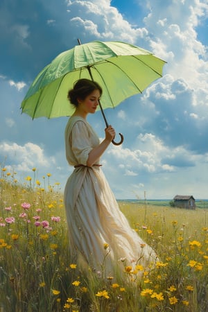 (((Iconic photography 18th-century age style but extremely beautiful)))
(((A photograph 3/4 shows a woman standing in a meadow under a vibrant, swirling sky. She is holding a large, bright green umbrella, shielding herself from the sunlight, with rays of light filtering through the clouds. The woman is wearing a loose, elegant white dress with soft pastel hues, and her figure is turned slightly away from the viewer, adding a sense of movement. Yellow and pink wildflowers bloom in the tall, lush grass around her, and the entire scene is alive with a sense of spontaneous, joyful energy, captured in rich brushstrokes of the 18th-century Victorian era. Victorian era 18th-century ---ar 5 --style raw --sref 3642091101 --sw 100 --stylize 1000,macro photography, Canon EOS R5, 100mm macro lens, ISO 100, f/8, natural lighting, shallow depth of field, extreme close-up, hyper-realistic textures, vibrant colors, soft shadows, detailed anatomy, intricate patterns, high contrast, 4k resolution)))
(((iconic black short hair 18th-century age style)))
(((iconic Woman Lady Gorgeous and Voluptuous and yet so cute look but extremely beautiful)))
(((Chiaroscuro natural hot light colors background)))
(((masterpiece,minimalist,epic, hyperrealistic,photorealistic)))
(((style of Helen Allingham)))