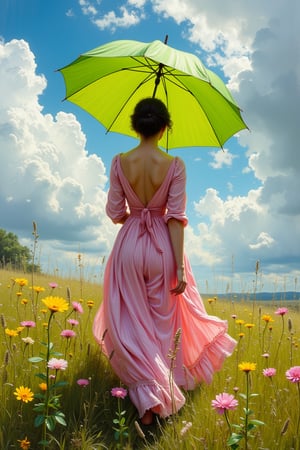 (((Iconic photography 18th-century age style but extremely beautiful)))
(((A photograph 3/4 shows a woman standing in a meadow under a vibrant, swirling sky. She is holding a large, bright green umbrella, shielding herself from the sunlight, with rays of light filtering through the clouds. The woman is wearing a loose, elegant pink dress with soft pastel hues, and her figure is turned slightly away from the viewer, adding a sense of movement. Yellow and pink wildflowers bloom in the tall, lush grass around her, and the entire scene is alive with a sense of spontaneous, joyful energy, captured in rich brushstrokes of the 18th-century Victorian era. Victorian era 18th-century ---ar 5 --style raw --sref 3642091101 --sw 100 --stylize 1000,macro photography, Canon EOS R5, 100mm macro lens, ISO 100, f/8, natural lighting, shallow depth of field, extreme close-up, hyper-realistic textures, vibrant colors, soft shadows, detailed anatomy, intricate patterns, high contrast, 4k resolution)))
(((iconic black short hair 18th-century age style)))
(((iconic Woman Lady Gorgeous and Voluptuous and yet so cute look but extremely beautiful)))
(((Chiaroscuro natural Cloudy light colors background)))
(((masterpiece,minimalist,epic, hyperrealistic,photorealistic)))
(((style of Helen Allingham)))