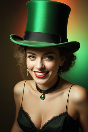 (((iconic lady with green The top hat but extremely beautiful)))
(((Gorgeous and Voluptuous and yet so cool)))
(((evil smile showing teeth and very penetrating eyes)))
(((indirect abroad lights blurred shadows on the face and body)))
(((Chiaroscuro light Prism colors background)))
(((masterpiece,best quality,
hyperrealistic, photorealistic)))
(((By caravaggio style,by Annie Leibovitz style)))