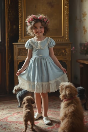 (((Iconic photography 18th-century age style but extremely beautiful)))
(((retro environment, melancholic tone, charming light, dramatic contrast between light and dark,dappled sunlight, elegant,the theme of hapiness,cinematic lighting, rich emotional)))
(((The image A little girl in a pastel blue dress adorned with a crown of pink flowers, stands gracefully in a cozy room surrounded by three dogs. She holds her dress in both hands revealing her white lace petticoats and smiles warmly as the dogs watch her attentively, the three dogs are of different breeds. The dress is of a light, shiny fabric with puffy lace sleeves, a round neck and a ribbon at the waist, white low-top shoes. The scene takes place in front of an ornate gold screen and the floor features a plush carpet and elegant surroundings, evoking a warm, vintage atmosphere. The lighting is soft, enhancing the delicate textures of the girl's dress and the dogs' fur. Victorian era 18th-century ---ar 5 --style raw --sref 3642091101 --sw 100 --stylize 1000,macro photography, Canon EOS R5, 100mm macro lens, ISO 100, f/8, natural lighting, shallow depth of field, extreme close-up, hyper-realistic textures, vibrant colors, soft shadows, detailed anatomy, intricate patterns, high contrast, 4k resolution)))
(((iconic black short hair bangs messy 18th-century age style)))
(((iconic little girl Lady Gorgeous and Voluptuous and yet so cute look but extremely beautiful)))
(((Chiaroscuro rainbow colors light background)))
(((masterpiece,minimalist,epic, hyperrealistic,photorealistic)))
(((style of Helen Allingham)))