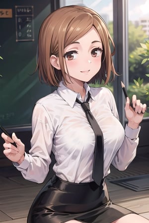 (masterpiece), 1girl,30 years old, brown hair, short hair,brown eyes, medium breasts, office lady, white shirt, black necktie, pencil skirt, between breasts, smiling sensually, sitting, classroom ,nobarajk