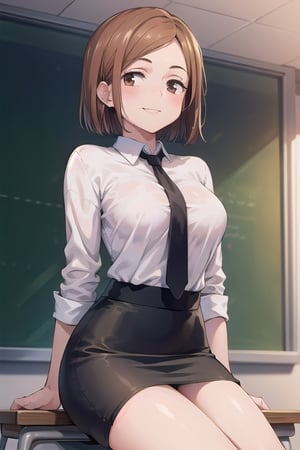 (masterpiece), 1girl,30 years old, brown hair, short hair,brown eyes, medium breasts, office lady, white shirt, black necktie, pencil skirt, between breasts, smiling sensually, sitting, classroom ,nobarajk