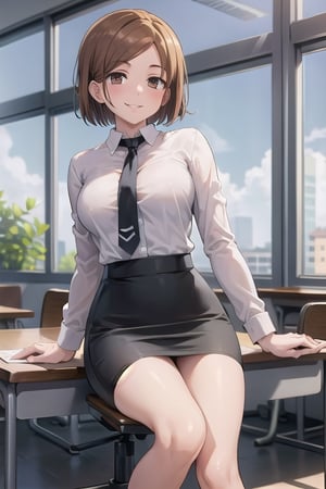 (masterpiece), 1girl, brown hair, short hair,brown eyes, medium breasts, office lady, white shirt, black necktie, pencil skirt, between breasts, smiling sensually, sitting, classroom ,nobarajk