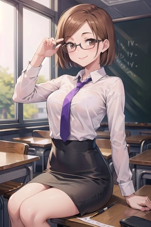 (masterpiece), 1girl, brown hair, short hair,brown eyes, medium breasts, office lady, white shirt, purple necktie, pencil skirt, between breasts, smiling sensually, semi-rimless eyewear, black-framed eyewear, adjusting eyewear, sitting, classroom, ,nobarajk