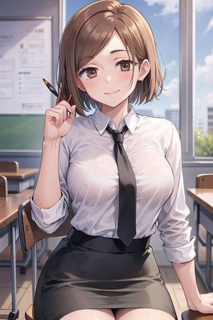 (masterpiece), 1girl, brown hair, short hair,brown eyes, medium breasts, office lady, white shirt, black necktie, pencil skirt, between breasts, smiling sensually, sitting, classroom ,nobarajk