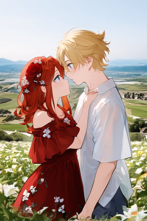 1 man, 1 woman, a couple in love, sexy girl, handsome guy, romantic moment, photo setting, landscape, lighting, Blonde-haired girl, blue eyes, flower dress, red-haired boy, baggy white shirt, staring at each other 