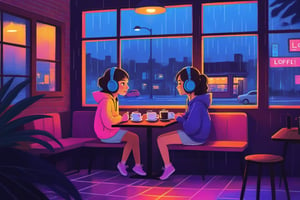 lofi, 1 girl wearing headphone, sitting in coffee shop, rainy days, windows, Neon street scene,ZilleAI