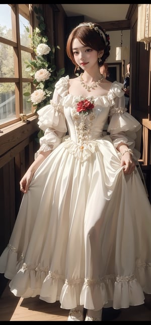 (masterpiece), realistic, far to shot full body to feet image 80s Japanese female, high quality, 8K Ultra HD, photorealistic has a fully detailed mature face, Realistically not Ai, 36D big Japanese female, NATURAL, pretty and charming, detailed face, big_breast, ((is a beautifull girl wear a victorian dress and shockings)) little_cute_girl, Miss Grand International, mature female, Realism, (smile face), (orange hair), (long_hair), blunt and bangs, YAMATO, small earrings, small necklace, ((smile:1.2)), (red lips), long legs, slim legs, (good quality eye spacing), (night time), digital painting, fantasy, hidden forest, centered big tree, [glowing crystals], flowers, petal, white dress,GdClth,1girl,princess dress,victorian