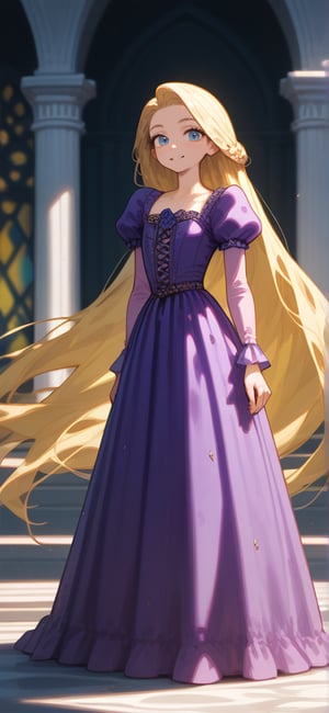 Rapunzel has long, golden blonde hair that reaches far past her feet, which is a defining feature of her character. She has large, expressive green eyes and a fair complexion with a gentle, youthful look. Her attire typically includes a purple dress with a fitted bodice, puffed sleeves, and a flowing skirt. The dress often features intricate patterns and details, emphasizing her royal background and adding to her enchanting appearance.
sexy posing, contrapposto, vivid color, masterpiece, best quality, amazing quality, very aesthetic, absurdres, depth of field, score_9, score_8, score_7, score_6,