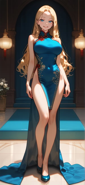  A 21years old girl wearing a cheongsam dress, long hair, blonde hair, smiling, sexy posing, Young beauty, beautiful blue eyes, red color lips, full body picture, slim body, big breasts, sexy posing, contrapposto, vivid color, masterpiece, best quality, amazing quality, very aesthetic, absurdres, depth of field, score_9, score_8, score_7, score_6,sexy girl, crawl on a floor 