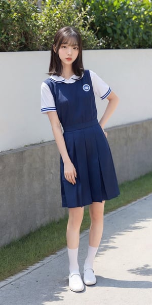 masterpiece, perfect anatomy, cutest 18 years old Hong Kong girl, solo, outdoors, full_body, feet, standing_up, facing_viewer, looking_at_viewer, focus, short sleeves blue cheongsam school uniform, no_bra, nipples, see-through, white socks, black loafers_shoes,pubic_hair_(female),STS,seethru,1girl,hk_girl,hk