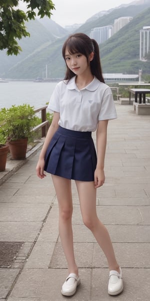 masterpiece,  perfect anatomy,  cutest Hong Kong young girl,  solo,  outdoors,  full_body,  feet,  standing_up,  facing_viewer,  looking_at_viewer,  focus,  school uniform,  micro_skirt,  white_shirt,  no_bra,  nipples,  see-through,  loafers_shoes, skirt_lift,  pubic_hair_(female), STS, seethru, 1girl,,,