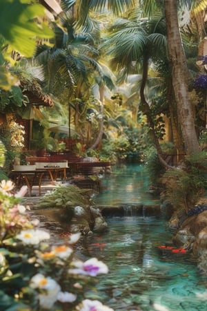 A serene scene: a tiny crystal-clear water river flows gently beneath the warm sunlight, accompanied by a miniature waterfall cascading beside it. The wider walkway, lined with lush palm trees and vibrant rose plants, leads to colorful shops in the heart of a small town. A dinner table set along the walkway features big white umbrellas, adding a touch of elegance to this idyllic setting.