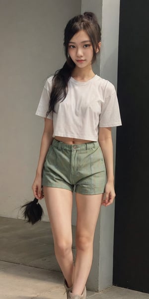 Beautiful 18 years old Hong Kong girl standing. Tight white shirt. (Thight green tartan shorts), wearing "Ankle-Length Boots" looking at the viewer,Long black hair ponytail, "Grey background",

Enhance,hourglass body shape,seethru,1girl