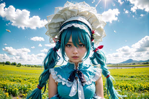 (panorama, wide shot), best quality, masterpiece, extremely detailed, detailed background, (from below:1.2), 1girl, solo, blue hair,looking at viewer, red shirts, long hair, wavy hair, on side, fluffy hair, french , (white hat), capelet, lace trim, bodice, blue sky, sunshine,long dress, ,sunny,scenery, grassland, high place, horizon, flowers, birds, wind, wind blow, (depth of field), bokeh,(twintails),High detailed ,perfect,glitter,chibi,shiny,anzhcmiku