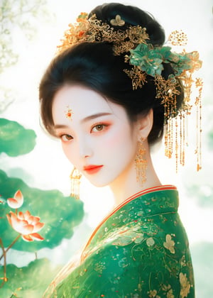 (ancient traditional Chinese lady),(ultra-fine Pale green pointillism),lacquerwork,fusuma picture,extremely delicated and beautiful,8K,faint smile,Matte color,(illustration Style),(beautiful detailed eyes:1.2),Lotus flowers,an indescribable atmosphere,super model,enamel color