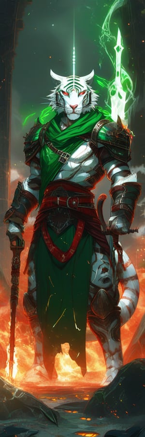 A semi-realistic anthro white tiger tiefling (Dungeons and Dragons), standing in a hellish fiery battlefield, magic red glowing rapier (sword) in hand, white fur, black horns, determined face, skinny, bestial, emerald green eyes, no hair, green outfit with leather armor, crumbling ruins, smoke, glowing runes, resolute smile, expressive, looking_at_camera, full body,enamel color