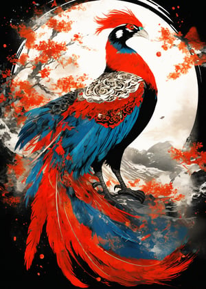 A beautifully drawn (((vintage t-shirt print))), featuring intricate ((retro-inspired typography)) encircling a (((sumi-e ink illustration))) Depict this sacred creature as a majestic red bird, similar in appearance to a pheasant, with plumage that showcases a vibrant array of five colors. , integrating elements of Japanese calligraphy and beast fighting with black back ground