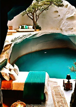 Captured from a high-angle perspective, a stunning stunning view of a cave-like setting. The cave features a bed with a white bedspread, a white blanket, and a blue blanket. The pool is surrounded by large rocks, and the water is a vibrant turquoise color. The rocks are jagged and jagged, adding a touch of texture to the scene. To the right of the cave, a bed and a table are placed on a stone platform. The bed and table are adorned with white pillows and a green blanket. A staircase leads up to the pool, providing a glimpse into the cave. A black lantern is affixed to the wall above the bed. A large tree casts a shadow on the left side of the image, adding depth to the composition.