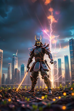 Imagine a futuristic cybernetic samurai wielding a blade crackling with electric energy, standing amidst a neon-lit cityscape of pulsating colors and towering skyscrapers reaching towards the heavens.