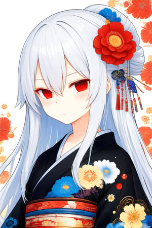 nai二次元风格,1girl, solo, japanese clothes, hair over one eye, red eyes, hair ornament, kimono, mole under eye, flower, hair flower, long hair, looking at viewer, white hair, mole, blue flower, upper body, closed mouth, black kimono, floral print