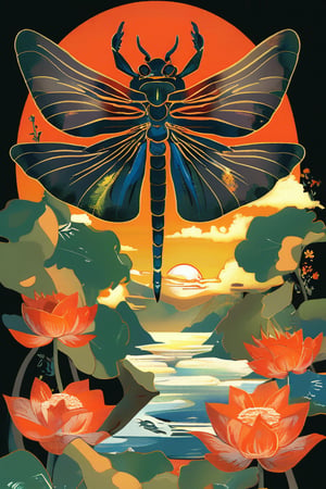 A vintage t-shirt design with retro-inspired typography surrounding a sumi-e ink illustration of a dragonfly hovering over a pond, with lotus flowers, incorporating Japanese calligraphy, black background, colorful shades, highly detailed, vector image, vibrant and clean, with a sunset backdrop, photorealistic style, flat design.,enamel color