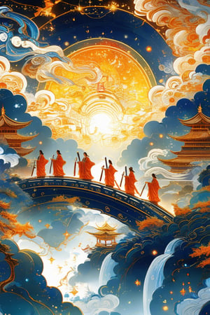 Masterpiece, beautiful and aesthetic, ultra detail, intricate, calligraphy brush, gold leaf sparkle, kanji, intricate nishiki-e, describing an epic scene, a heavenly procession of deities crossing a celestial bridge, their divine light banishing the darkness below. Inspired by Chinese legends.,enamel color