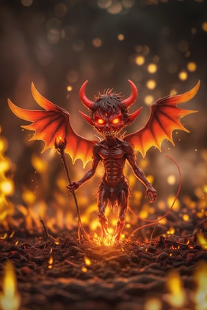 A demon with red eyes, in a hell filled with red flames. This demon has devilish wings behind it, creating a fierce and soft colored anime style. This image has high resolution and ultra precision, with bright line art