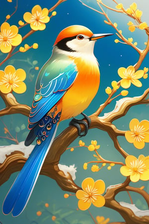 A bird is sitting on a branch of a tree. The bird is orange and blue with a yellow beak. There are yellow flowers on the branches around the bird.,enamel color