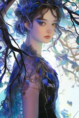 In a studio setting, a young woman embodies the ethereal grace of a fairy princess, her gaze locked with the viewer's. The image, reminiscent of Nene Thomas' fantasy works, is iridescent, casting a spell of colors in black, blue, and purple. The Spencer script swirls around her, enhancing the mystical aura. The branches twist and turn, playing with shadows and light, while the shallow depth of field focuses on her detailed features and bright eyes, creating a high-contrast masterpiece.,enamel color