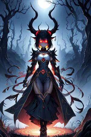 masterpiece, best quality, A dark, ominous landscape with twisted trees and eerie mist sets the stage for a striking depiction of a 'demon girl' - her piercing eyes and sharp features accentuated by perfect anatomy. She dons intricate armor, complete with demon horns protruding from her forehead, as she stands confidently with a blindfold over her eyes. The atmosphere is heavy with foreboding, illuminated only by flickering dark lights that dance across the scene, casting an otherworldly glow on Zyrnox-Exoterra Style, 1girl, masterpiece. Black Hair,enamel color