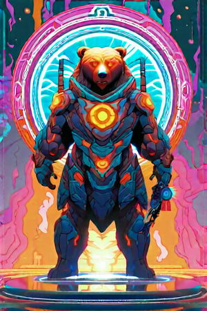 This image depicts a bear standing upright in a sci-fi warrior stance. The bear is clad in intricate, heavy futuristic armor with glowing orange accents, suggesting advanced technology or power. It holds a rifle in its right hand, with the weapon's design matching the armor's aesthetic. Behind the bear, there's a backdrop of vibrant neon-colored mystical runes and symbols, some resembling Celtic or Norse iconography, floating in a circular formation, which could be part of a portal or magic. The overall tone is bright with a color palette dominated by shades of blue, orange, and pink, giving off a sense of otherworldly energy. The ground beneath the bear appears to be reflecting these colors, with paint-like drips falling off the edge of an unseen platform,enamel color