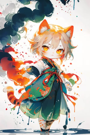 ink brushstrokes in background, looking at viewer, ink rain, stunning image, ink smoke, digital art, professional style, ((masterpiece quality: 2)), ink droplets, attractive image.,INK,Ink art a chibi girl, candies, fighting pose, silhouette of a Giant Cat,enamel color