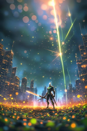Imagine a futuristic cybernetic samurai wielding a blade crackling with electric energy, standing amidst a neon-lit cityscape of pulsating colors and towering skyscrapers reaching towards the heavens.